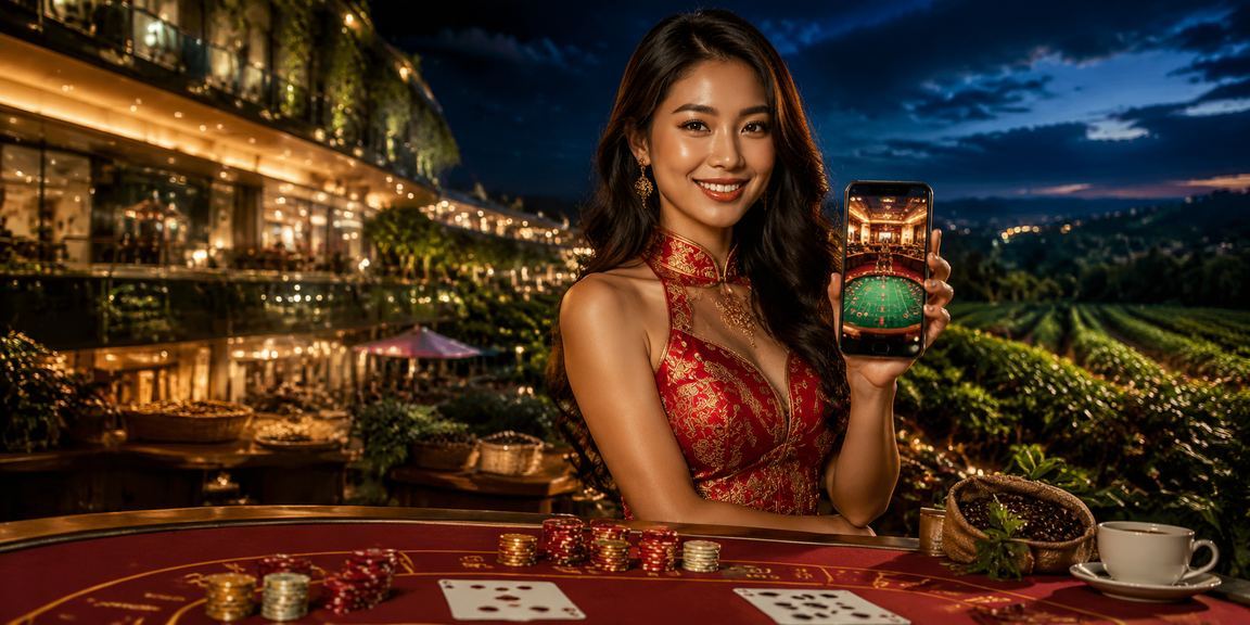 Người chơi thư giãn tại vịnh Hạ Long, cà phê trên tay, mở jackpot slots trên điện thoại