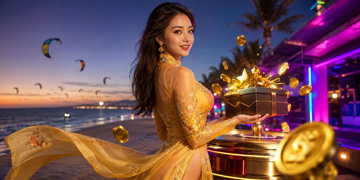 Người phụ nữ mặc áo dài tại Mũi Né nhận thưởng VIP bonus trong không gian biển xanh